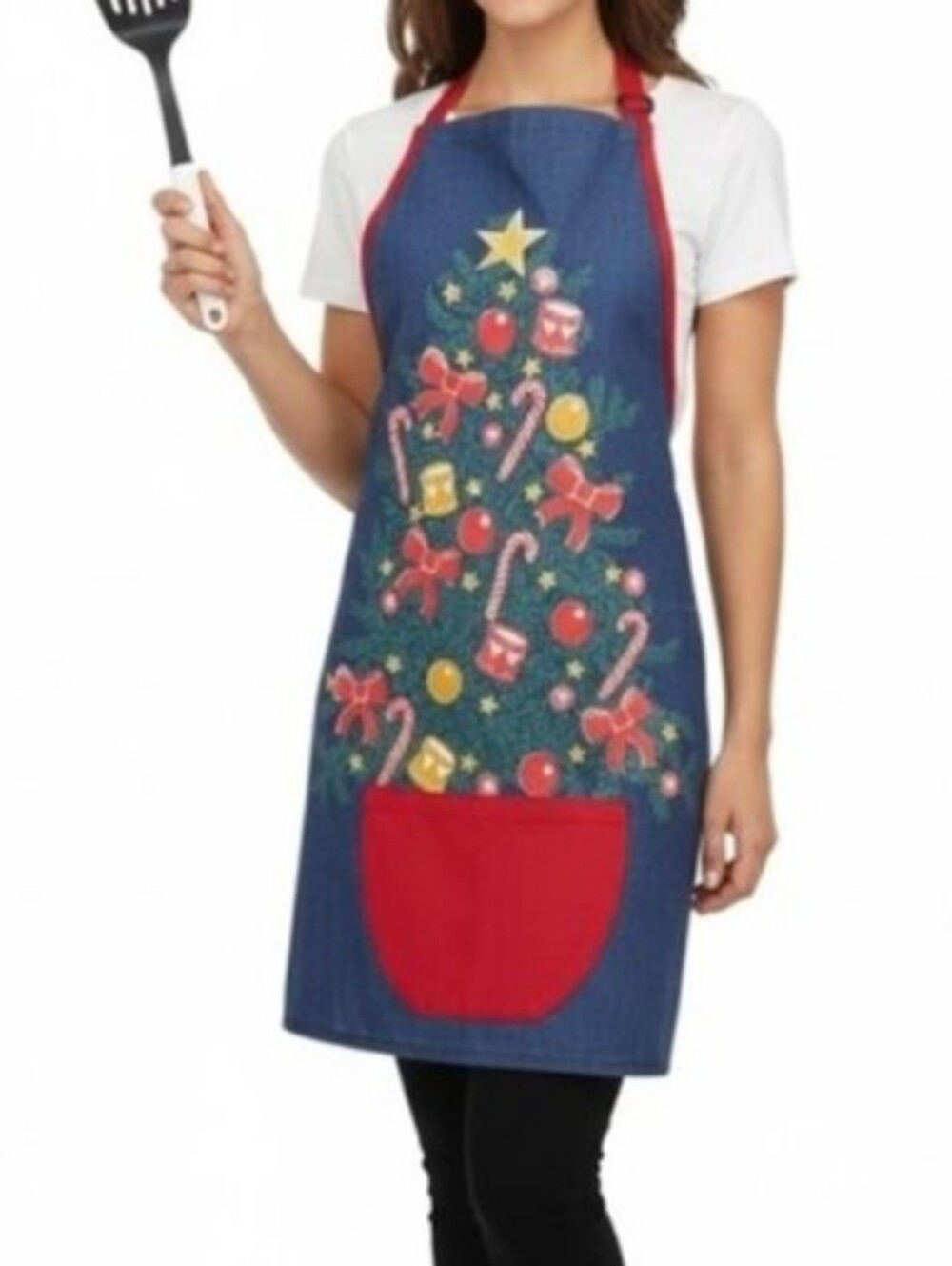 Hatley Festive Denim Apron Christmas Tree Pocket Kitchen Cooking Baking Blue